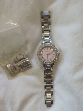Y2K Bedazzled Fossil Silver-Tone Watch with Pink Sunray Dial